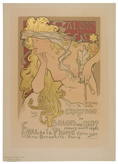 ALPHONSE MUCHA (1860-1939). SALON DES CENTS / XXEME EXPOSITION. 1897. Maitres de l'Affiche pl. 94. 15x11 inches. Chaix, Paris.